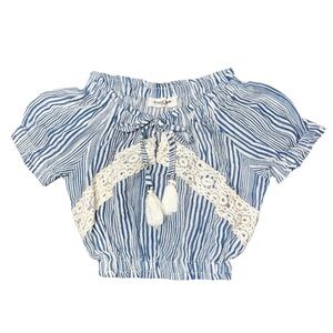 Angie Girls Shirt Crop Fitted Blue White Crochet Tie Small NWT